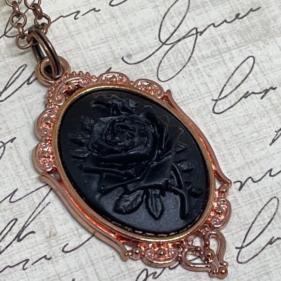 Gothic Steampunk Halloween Rose Gold Necklace Black Rose Cameo Witch Jewelry New - Picture 8 of 16